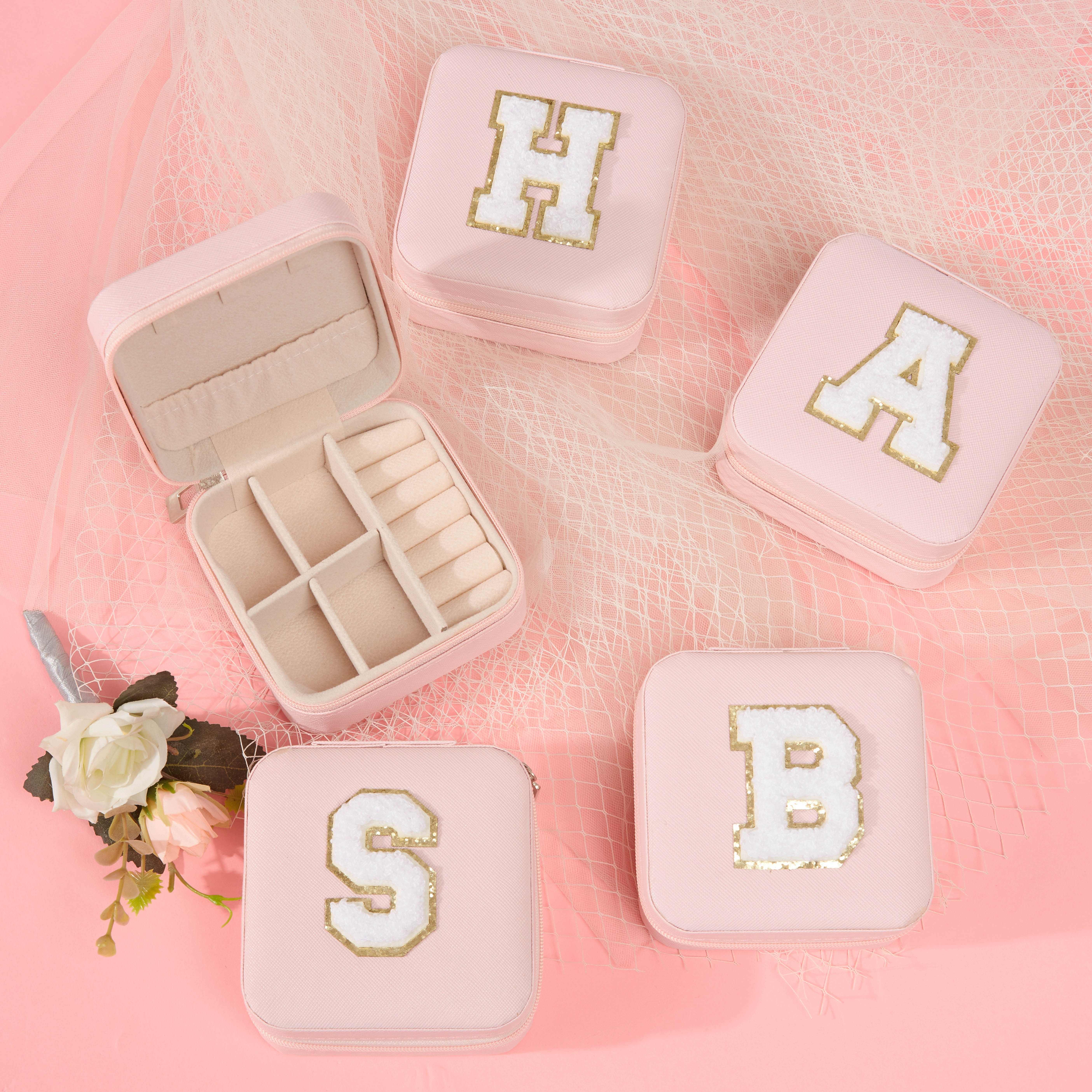 1pc mini fashionable chenille letter jewelry box portable earring necklace divider storage box holiday gift packaging box perfect travel jewelry storage box details 0